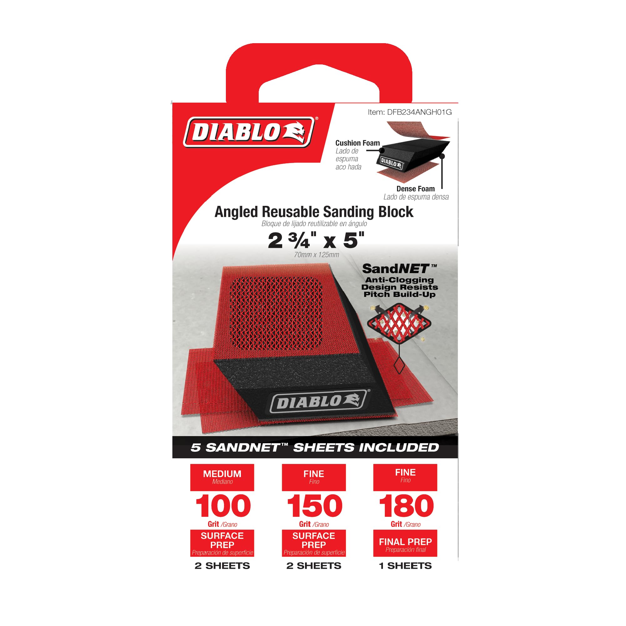 Red angled hand sanding block with black grip strip and five included SandNET abrasive sheets in various grits.