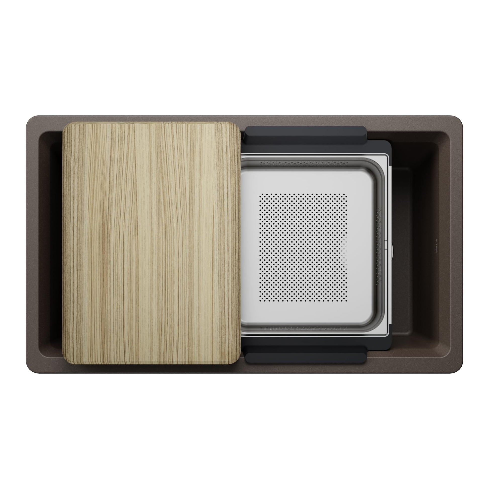 Cafe-colored kitchen sink with wooden cutting board and perforated colander insert viewed from above.
