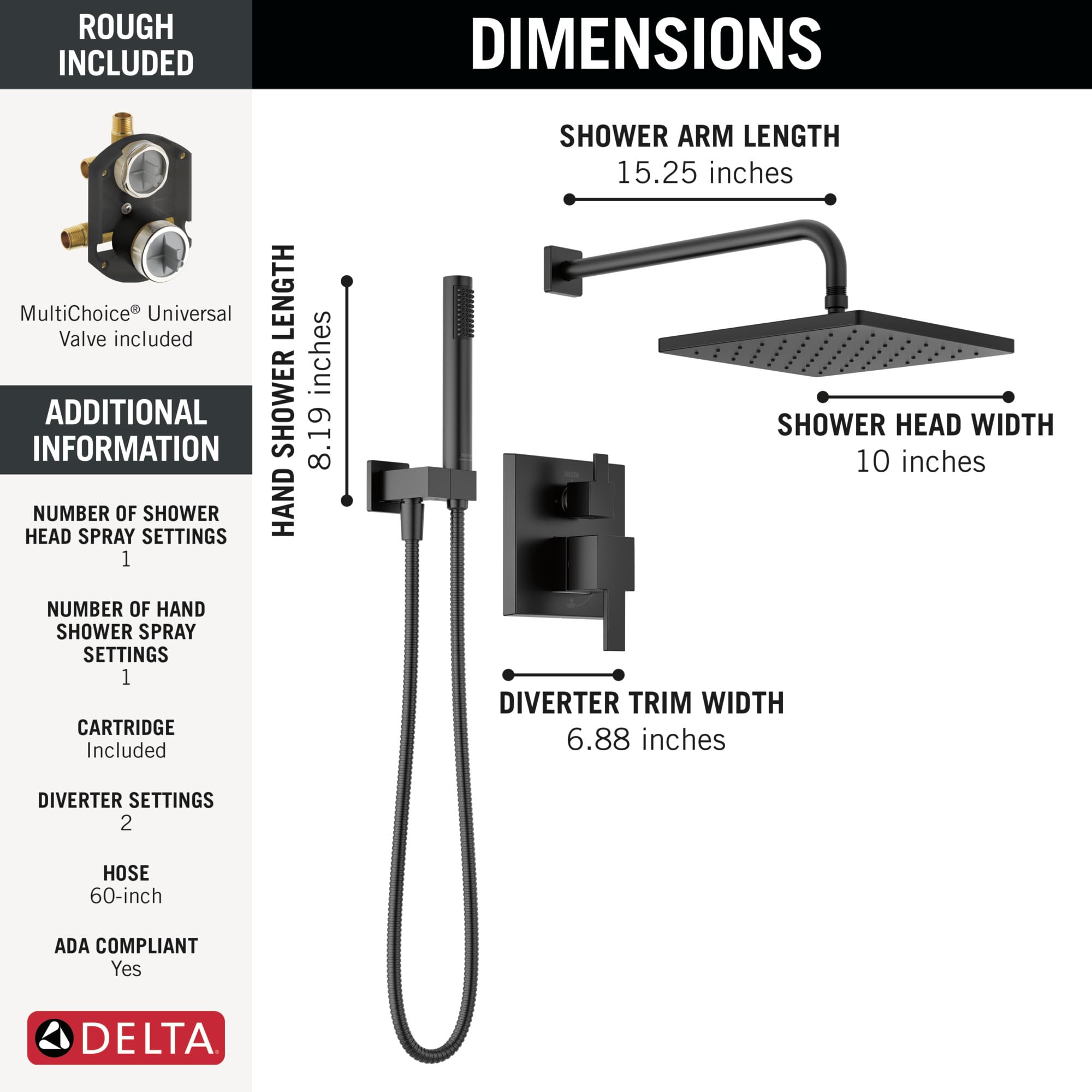 Matte black shower system with square raincan head, hand shower, curved arm, and wall-mounted diverter trim.