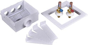 White plastic washing machine outlet box with dual copper sweat valve assembly, water hammer arrestor, and mounting brackets.