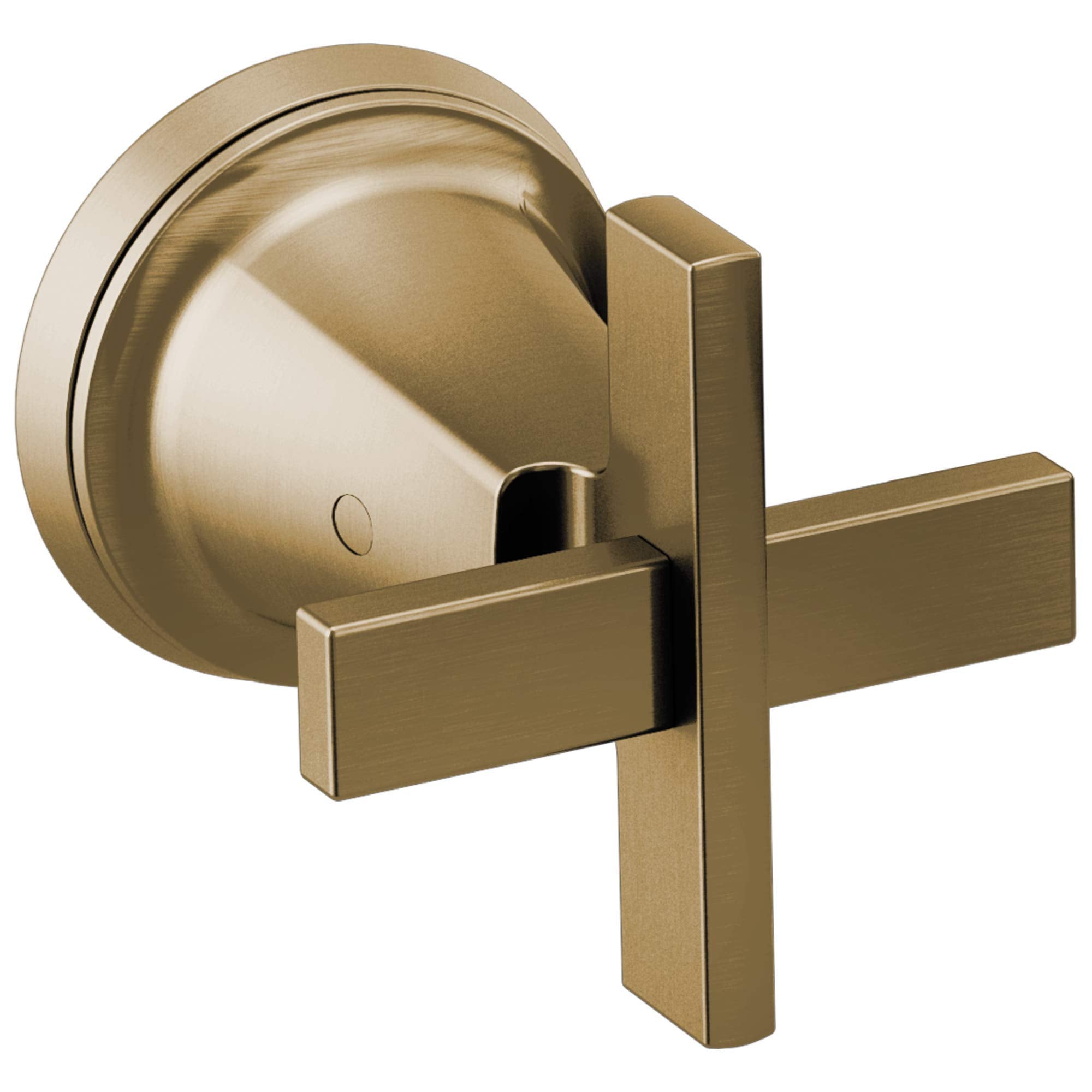 Brushed gold wall-mounted tub filler valve with two rectangular cross handles and circular escutcheon plate.