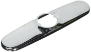 Chrome and white elongated escutcheon plate with circular cutout for kitchen faucet installation.