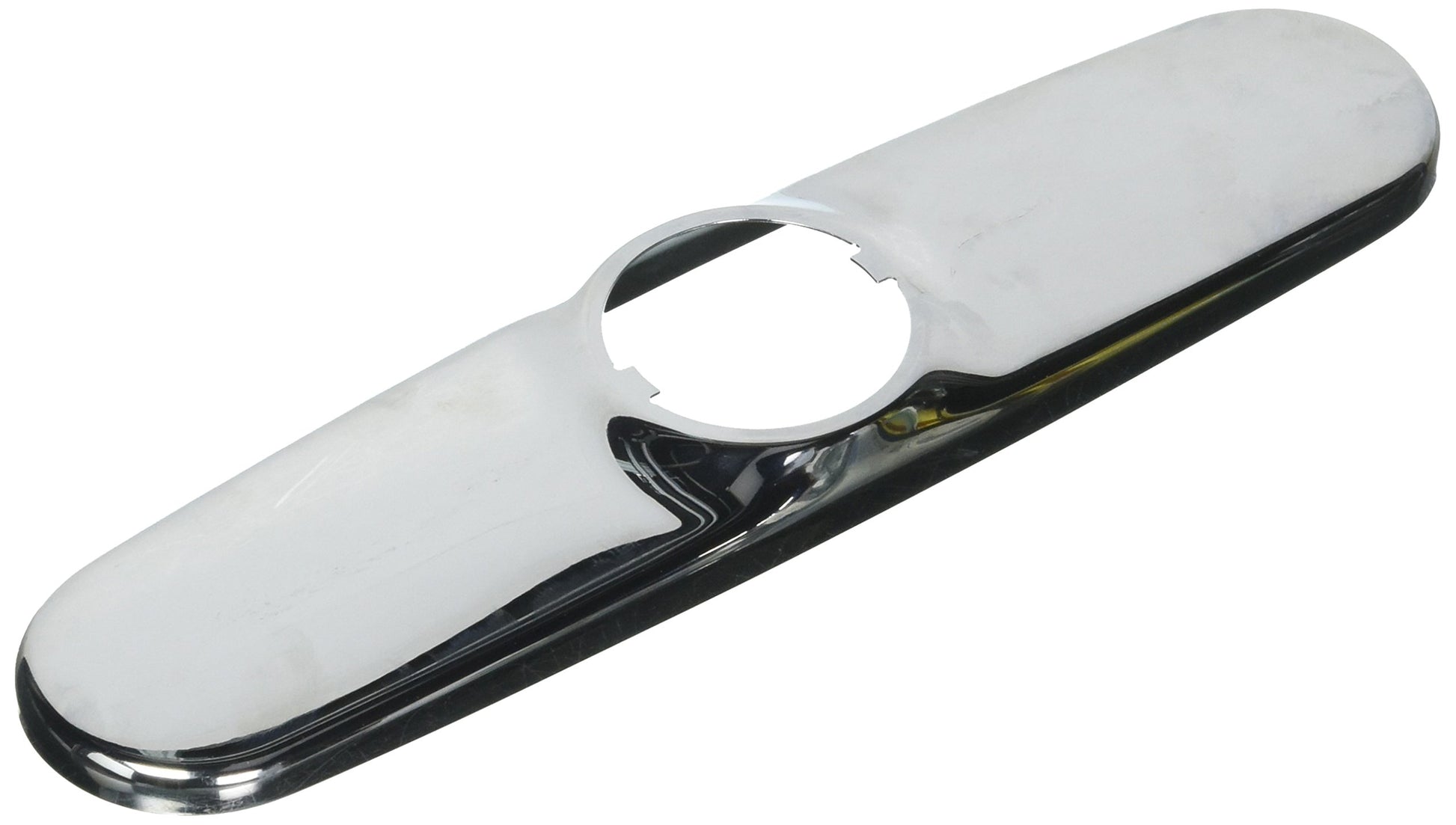 Chrome and white elongated escutcheon plate with circular cutout for kitchen faucet installation.