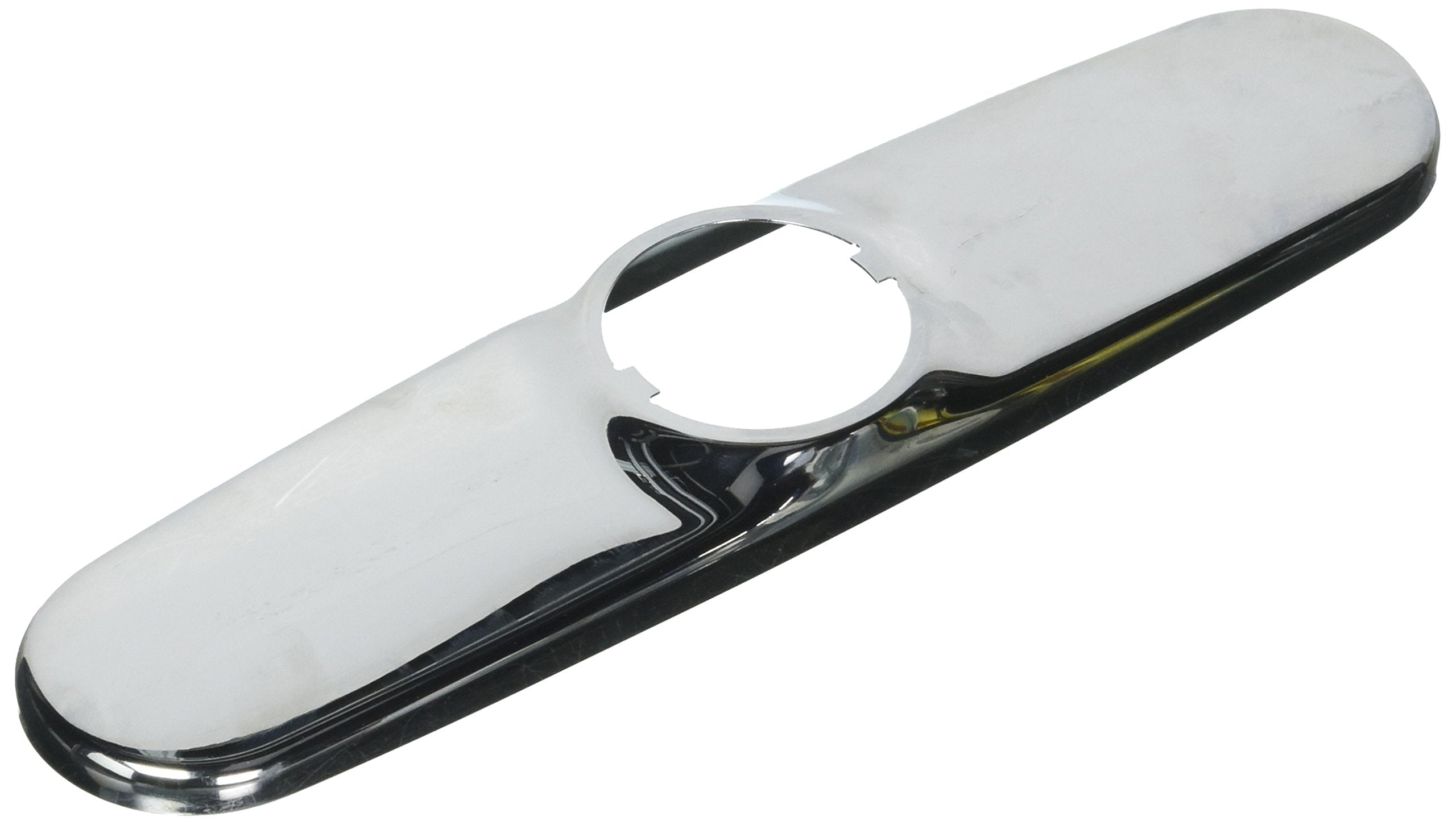 Chrome and white elongated escutcheon plate with circular cutout for kitchen faucet installation.