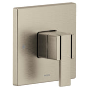 Brushed nickel single-handle valve trim with square escutcheon plate and lever handle in 90-degree configuration.