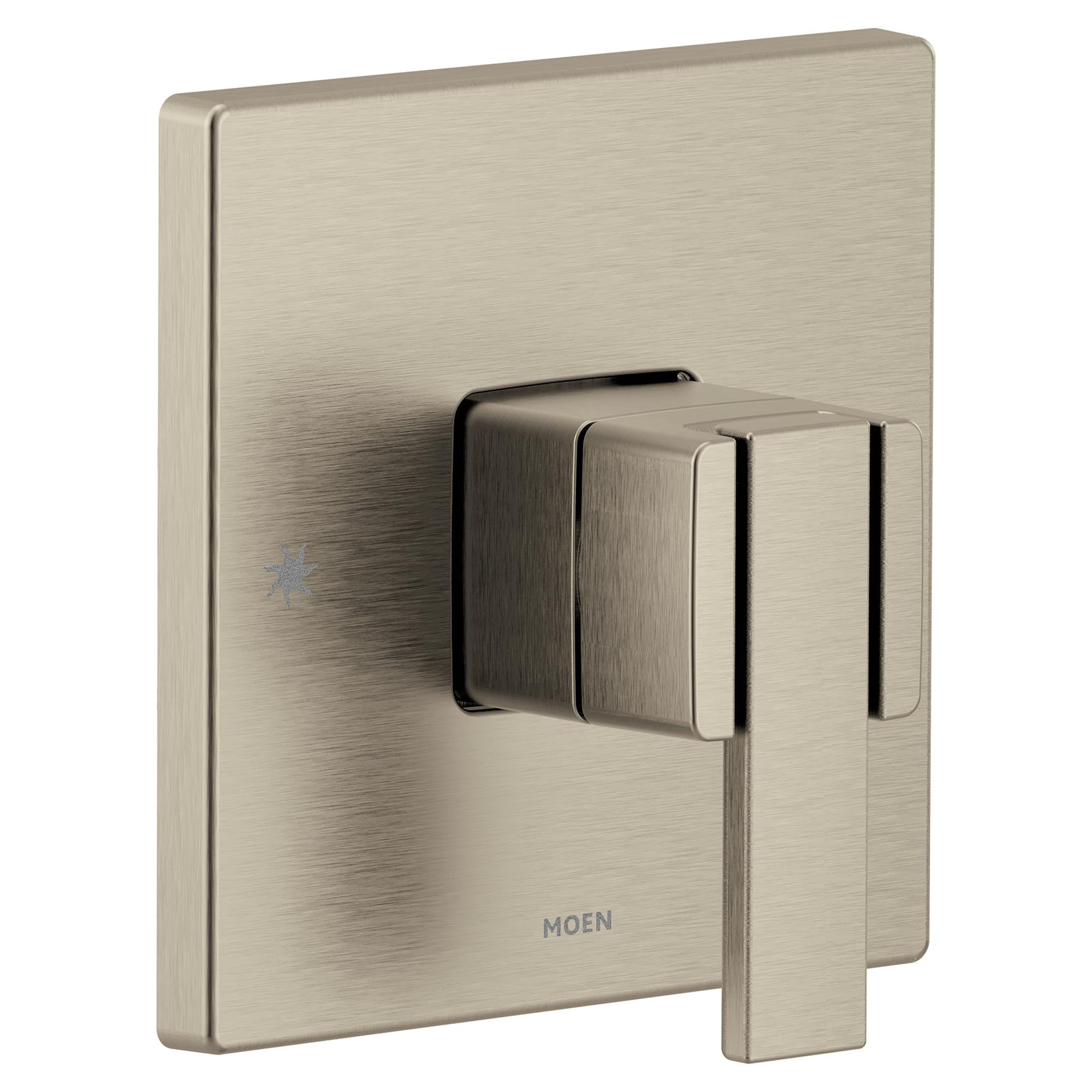 Brushed nickel single-handle valve trim with square escutcheon plate and lever handle in 90-degree configuration.