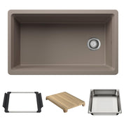 Truffle-colored composite kitchen sink with single basin, drain, and included accessories: mounting frame, wooden cutting boa