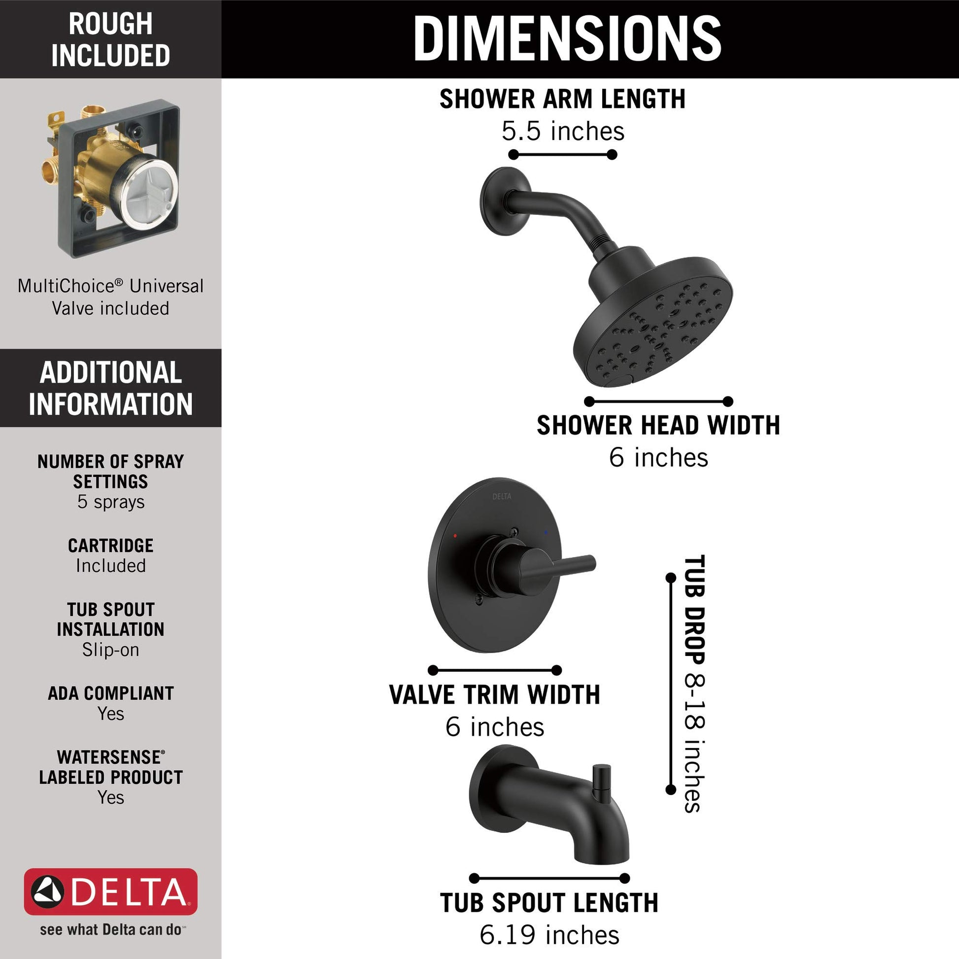 Matte black tub and shower system with 6-inch showerhead, 5.5-inch arm, valve trim, and tub spout with dimensions labeled.