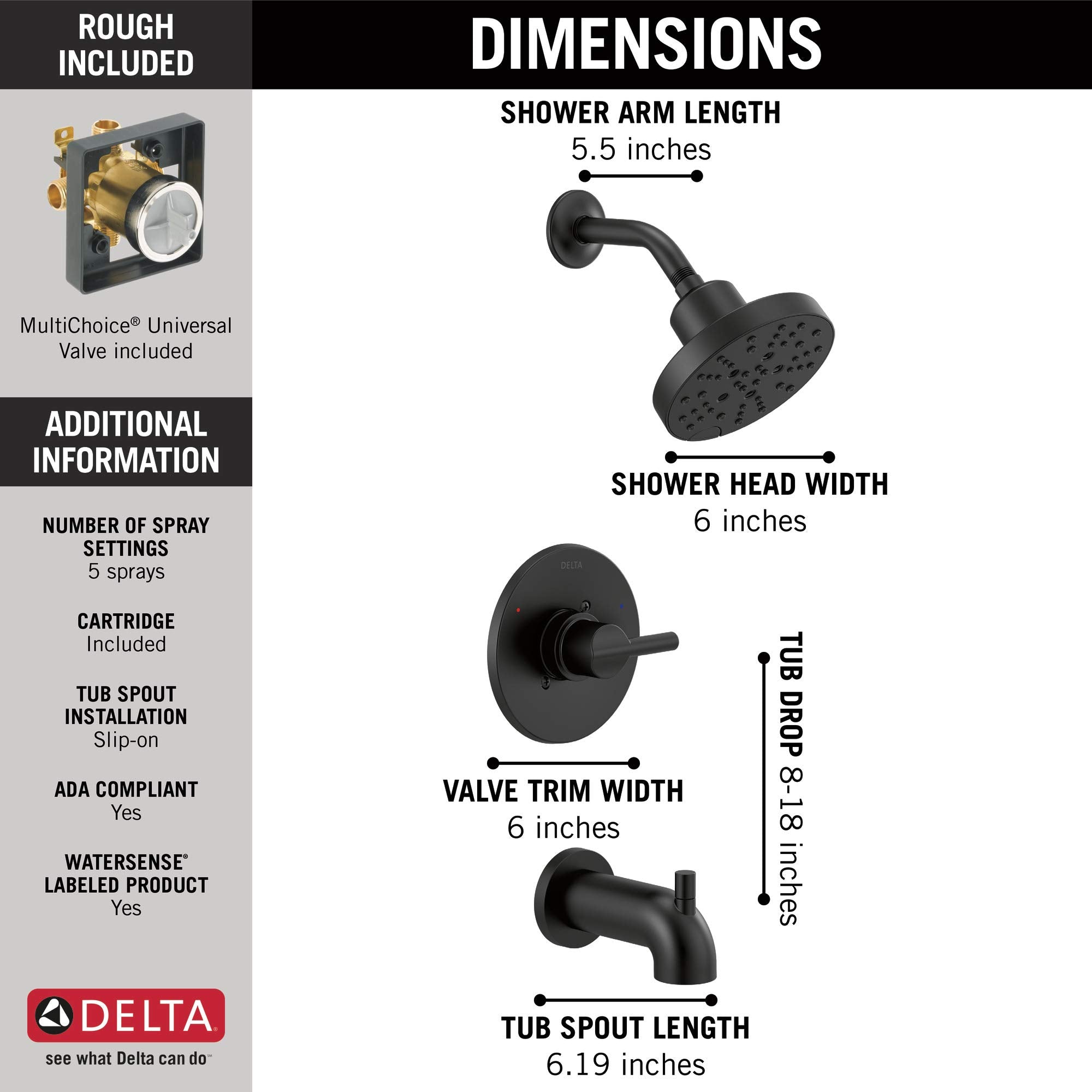Matte black tub and shower system with 6-inch showerhead, 5.5-inch arm, valve trim, and tub spout with dimensions labeled.