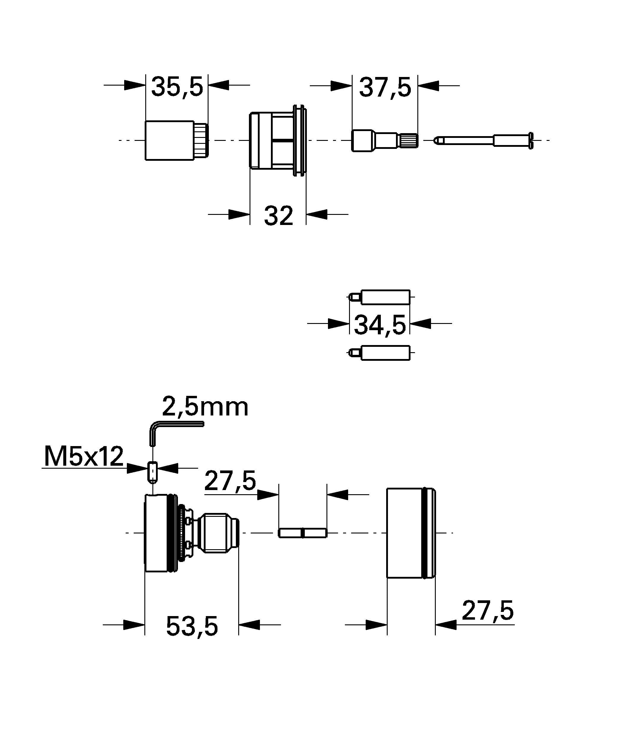 Technical diagram showing Grohe chrome extension kit components with dimensional measurements and assembly parts.