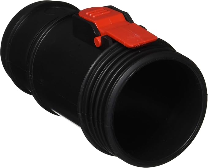 Black RIDGID interlock end hose connector with red threaded coupling and locking lever.