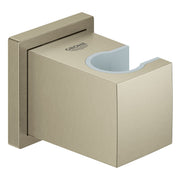 Brushed nickel wall-mounted hand shower holder with curved cradle and rectangular back plate.