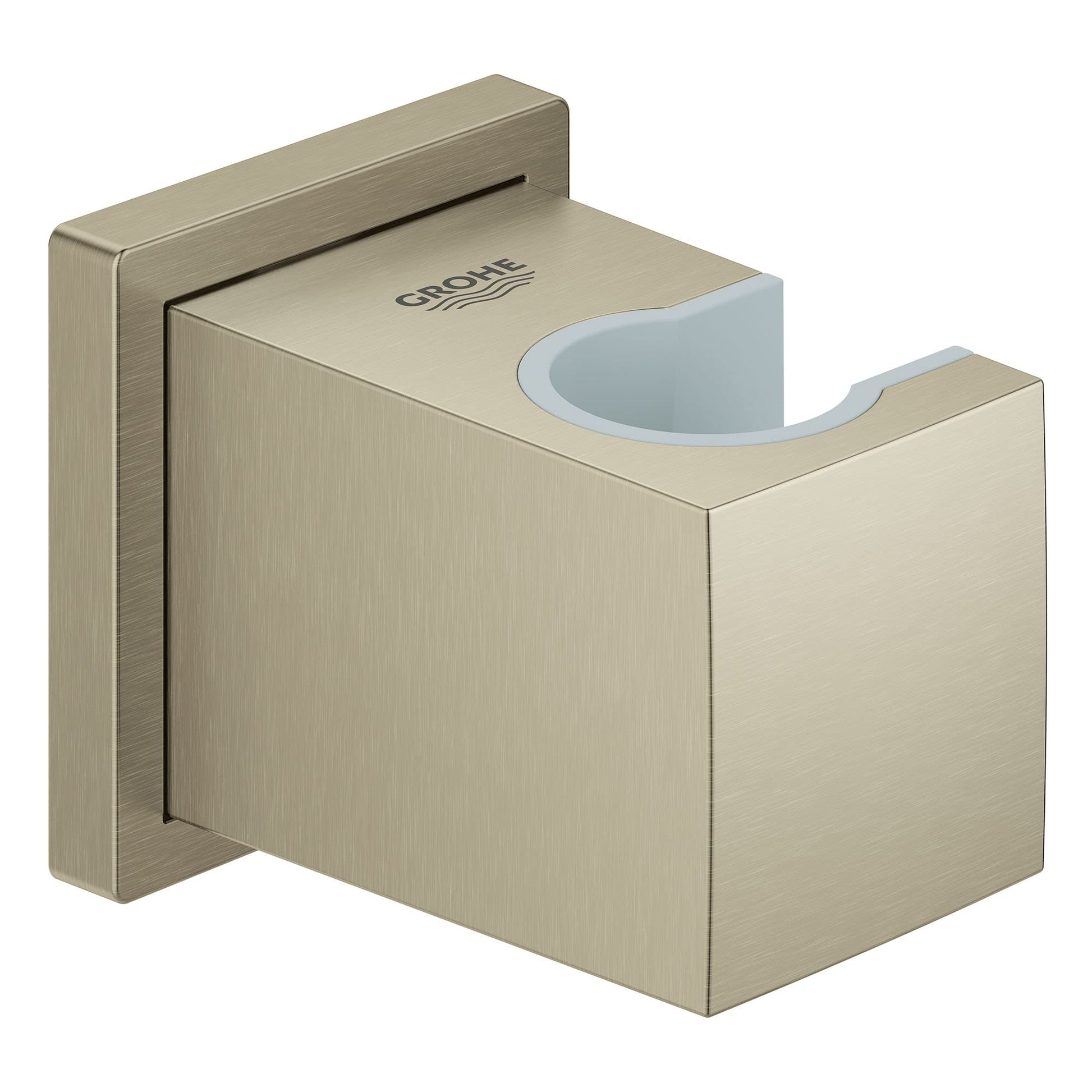 Brushed nickel wall-mounted hand shower holder with curved cradle and rectangular back plate.