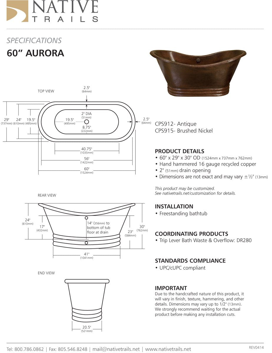 Native Trails CPS912 AURORA 60": Hammered Copper Freestanding Bathtub