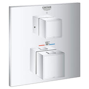 Chrome thermostatic valve trim with two square handles and temperature indicator showing 38°C/100°F.