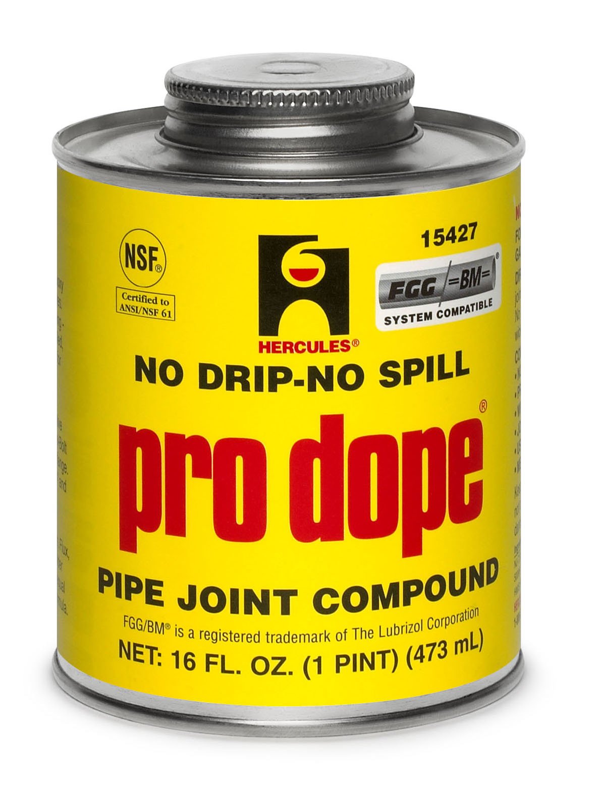 Gray pipe thread sealant compound in yellow metal can with brush applicator cap, 1 pint size.