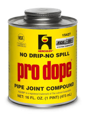 Gray pipe thread sealant compound in yellow metal can with brush applicator cap, 1 pint size.
