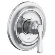 Chrome shower valve trim with single lever handle and circular escutcheon plate.