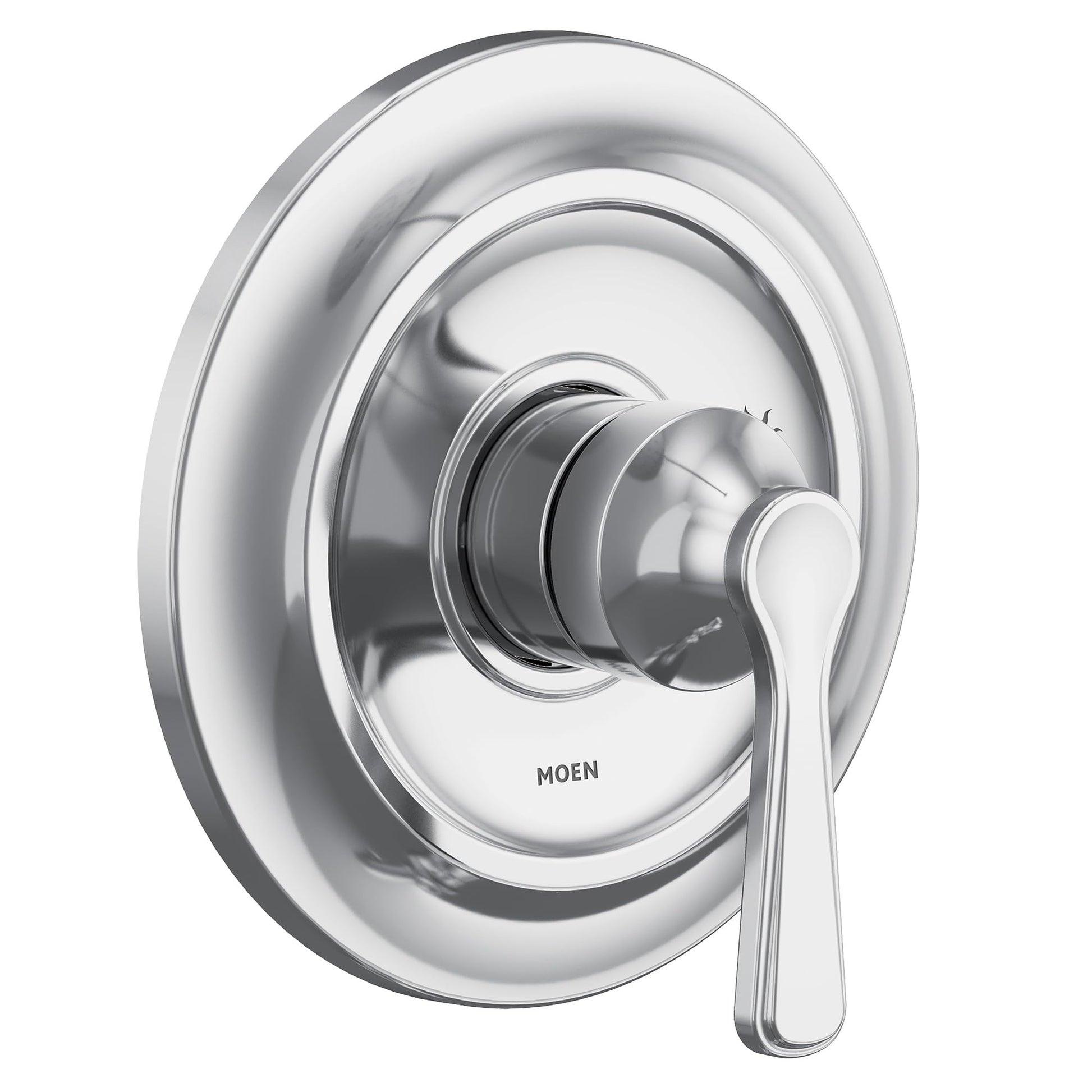 Chrome shower valve trim with single lever handle and circular escutcheon plate.
