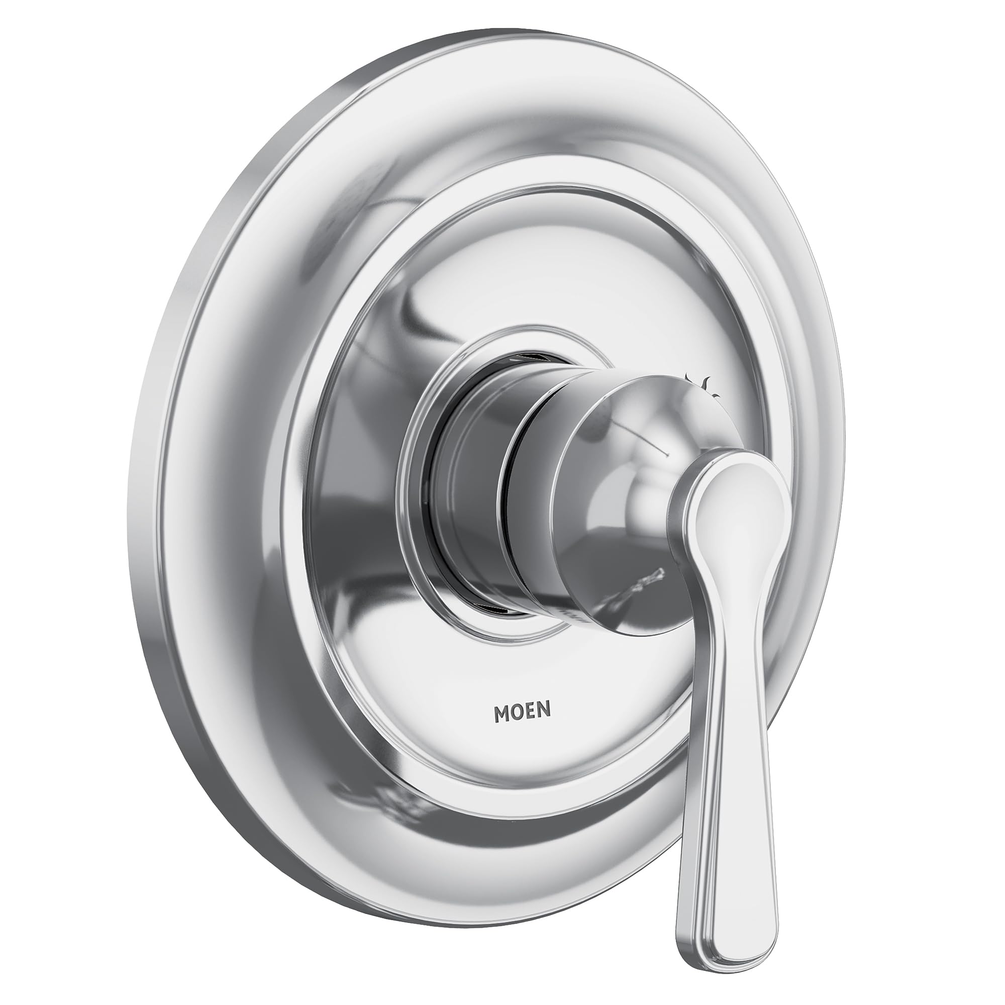 Chrome shower valve trim with single lever handle and circular escutcheon plate.