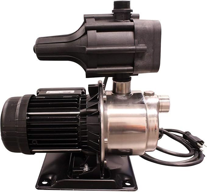 Stainless steel booster pump with black motor, pressure tank, and control switch mounted on base plate.