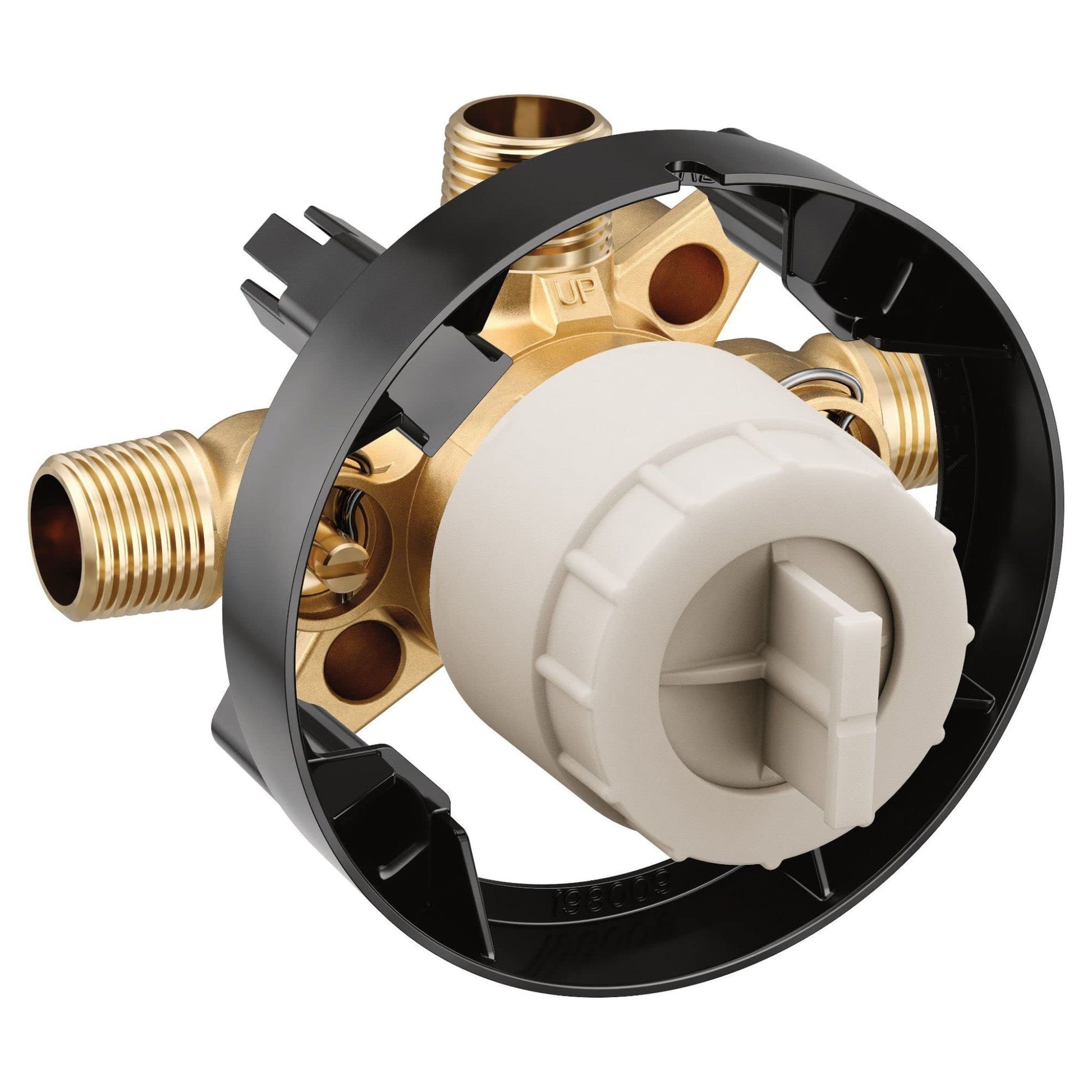 Brass mixing valve with white cartridge, threaded connections, and black mounting ring for shower installation.