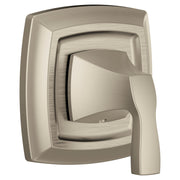 Brushed nickel single-handle valve trim with curved lever and square escutcheon plate.