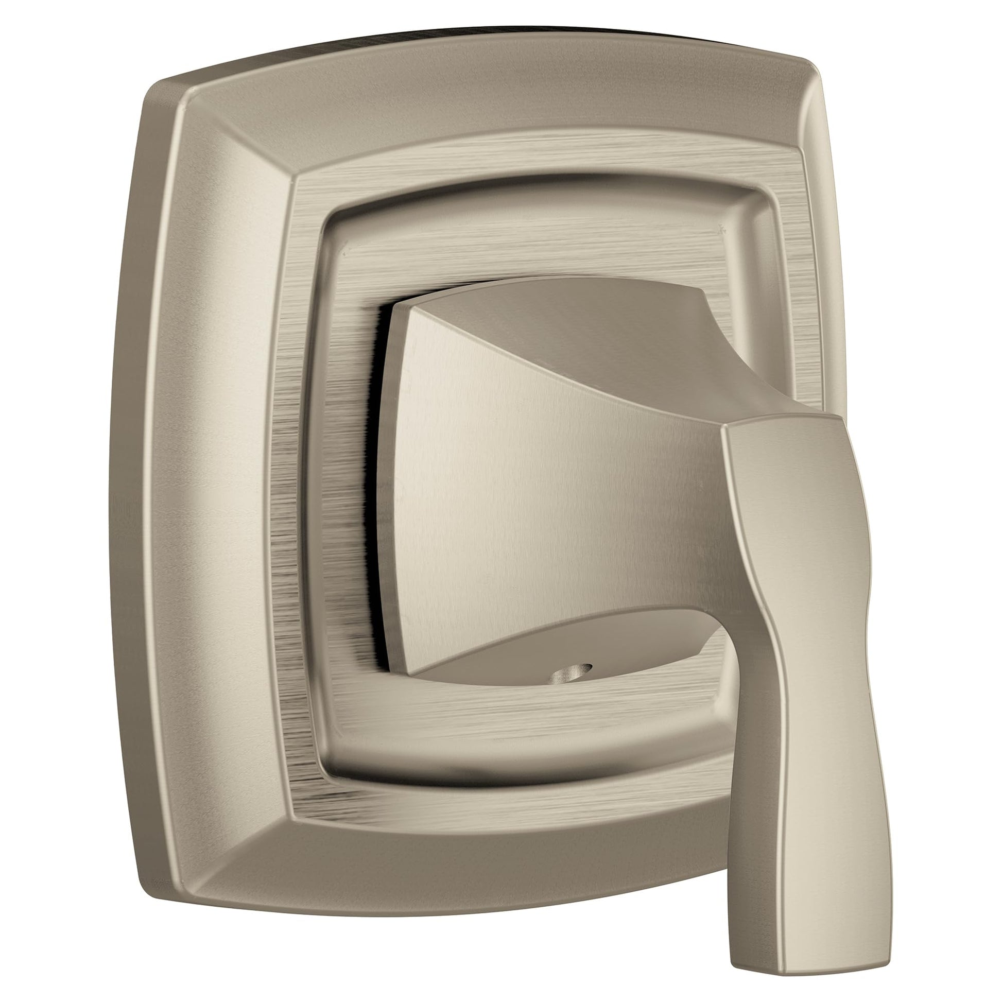 Brushed nickel single-handle valve trim with curved lever and square escutcheon plate.