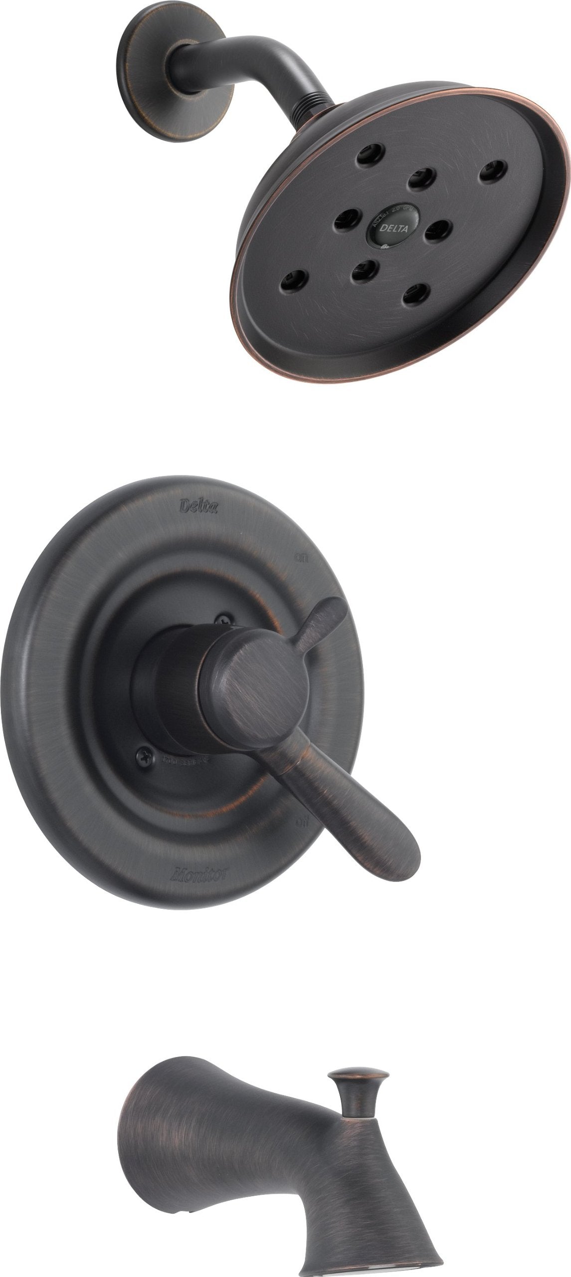 Dark bronze shower trim with round showerhead, valve trim ring, and tub spout in matte finish.