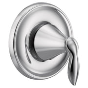 Chrome single-handle transfer valve trim with rounded escutcheon plate and lever handle.
