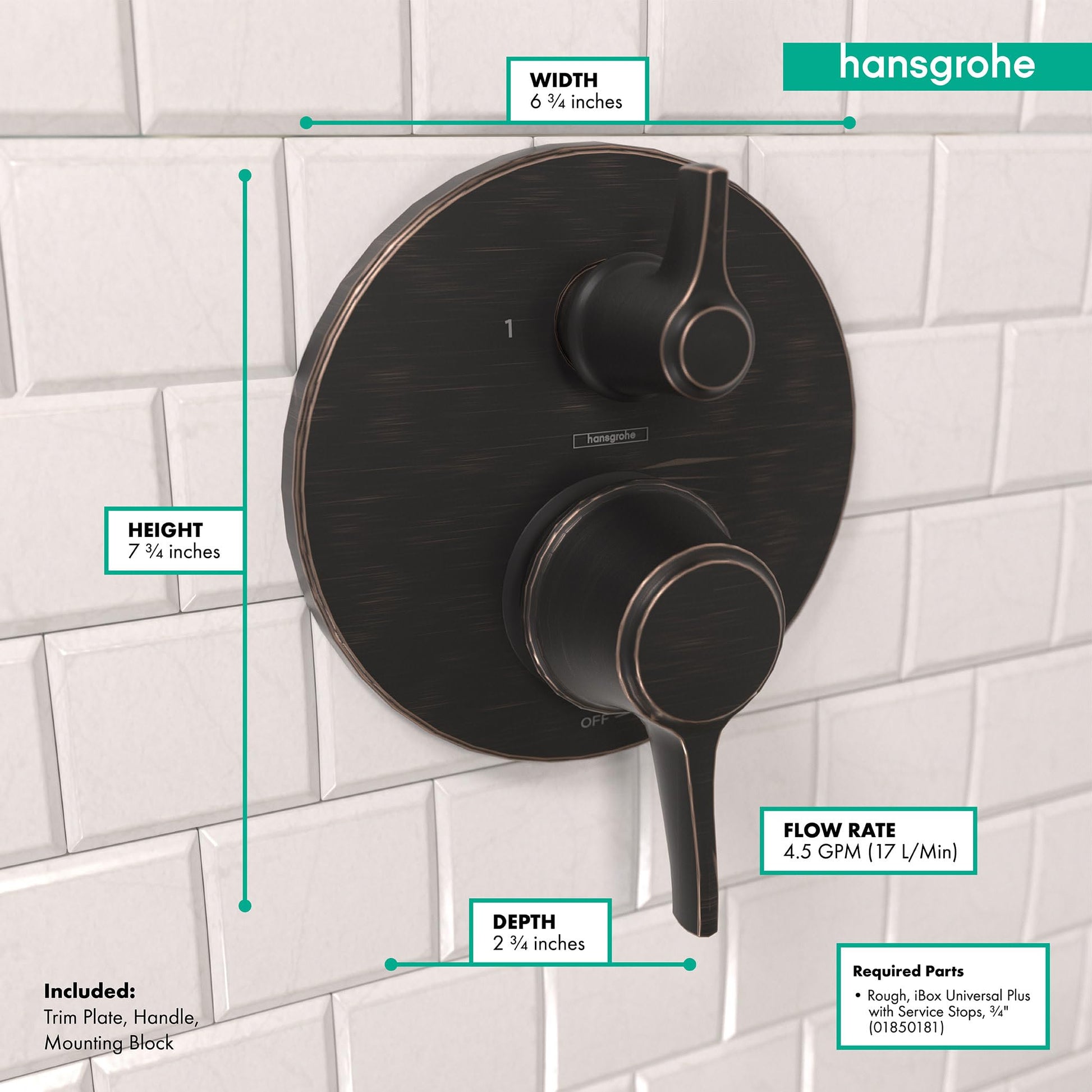 Round rubbed bronze pressure balance valve trim with diverter handle and secondary control knob mounted on white tile.