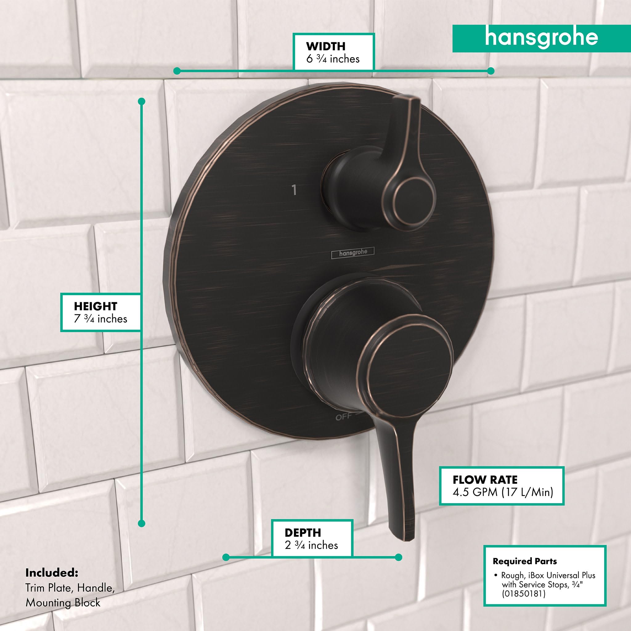 Round rubbed bronze pressure balance valve trim with diverter handle and secondary control knob mounted on white tile.