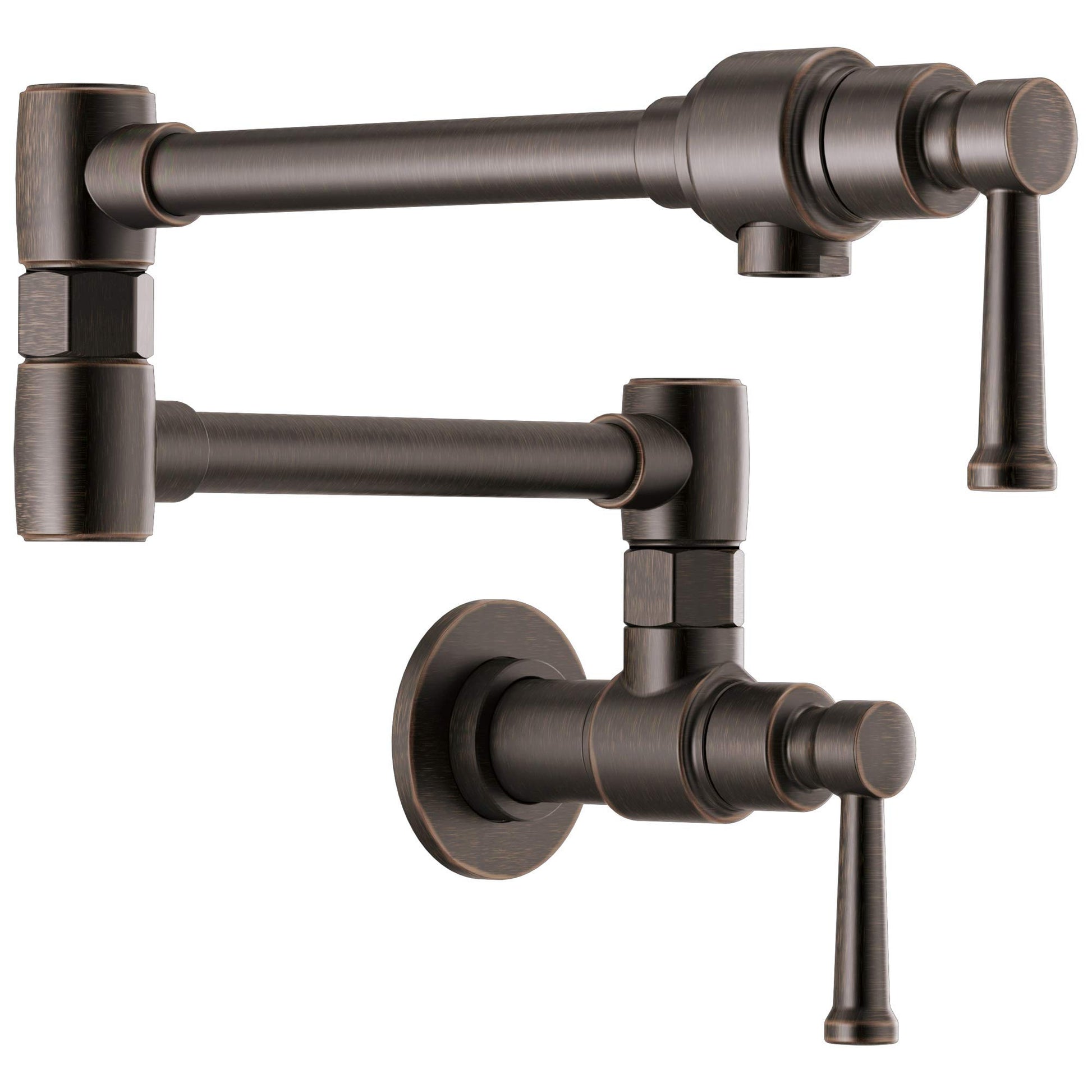 Dark bronze wall-mounted pot filler faucet with articulating arms and single lever handles.