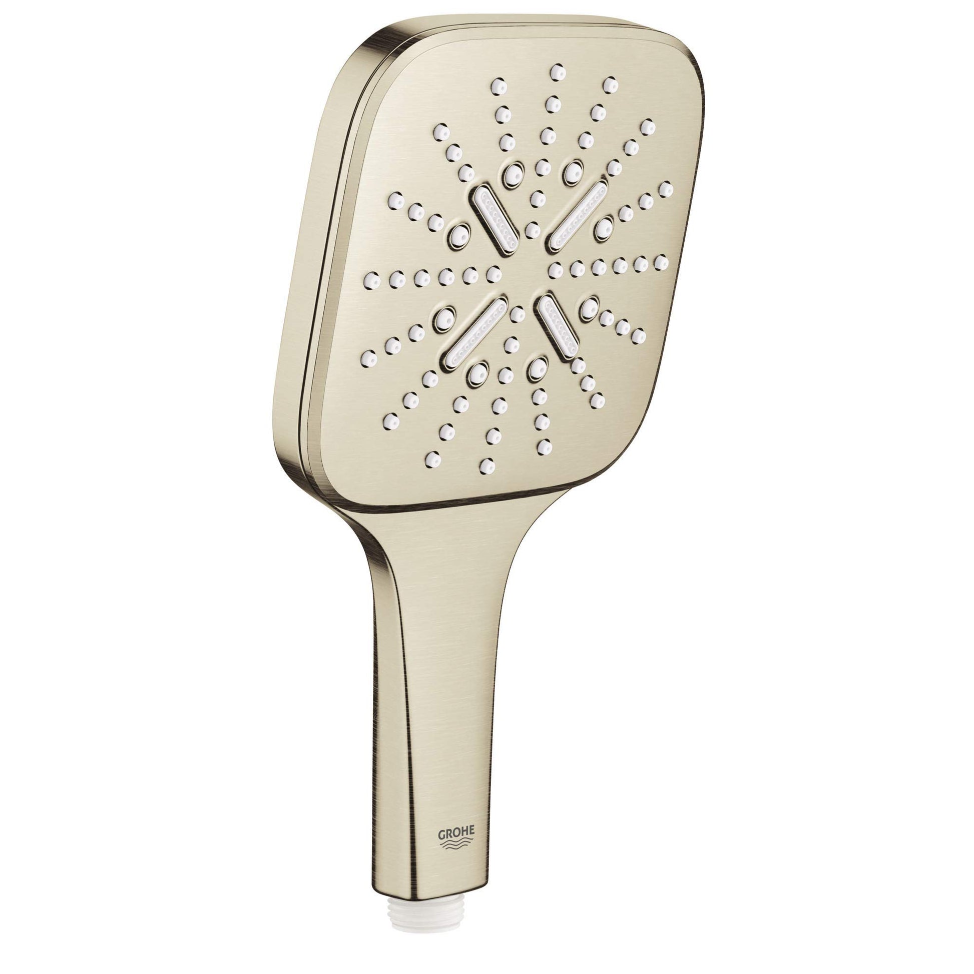 Grohe brushed nickel hand shower with square face and multiple spray holes, narrow handle with logo.