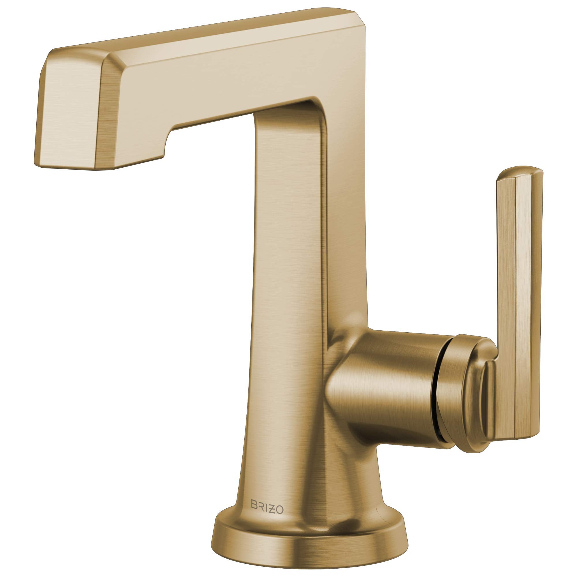 Brushed gold single-handle bathroom faucet with angular spout and tall lever handle.