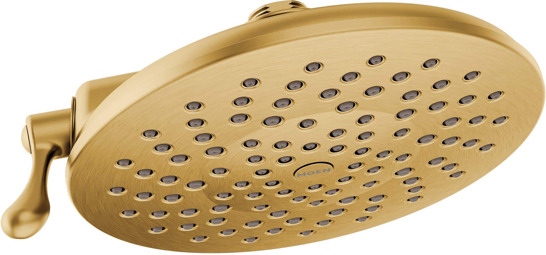 Brushed gold round showerhead with multiple spray holes and side control lever.