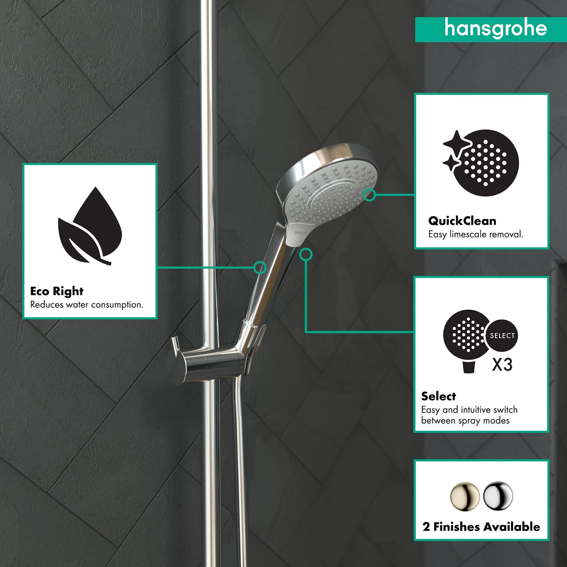 White and chrome handshower with perforated showerhead mounted on chrome vertical rail against tiled wall.