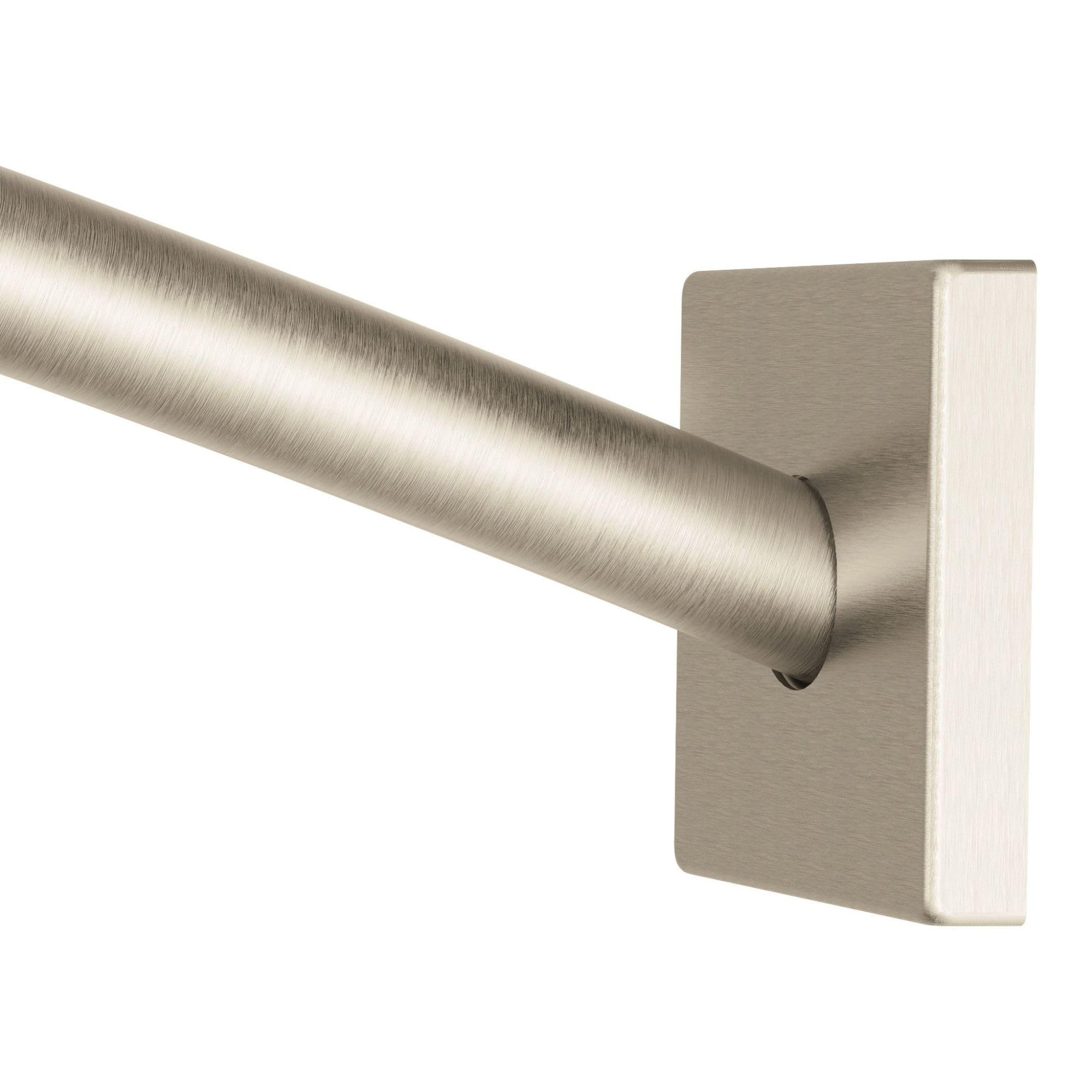Brushed nickel curved shower curtain rod with square wall bracket and cylindrical rod extending diagonally.