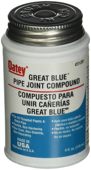 Oatey Great Blue pipe joint compound sealant in white 4 fl. oz. container with black metal screw cap.