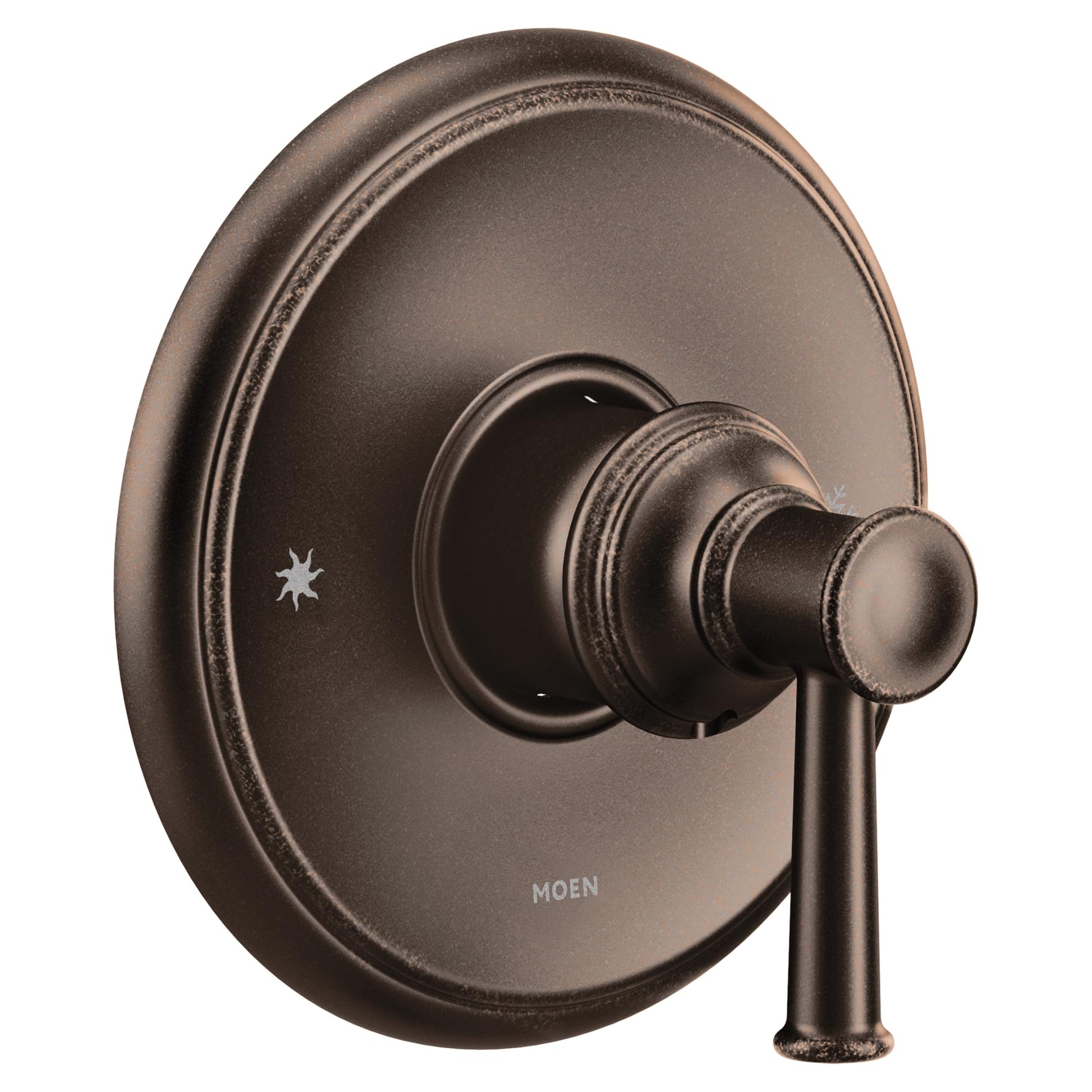 Oil rubbed bronze single-handle valve trim with circular escutcheon plate and lever handle.