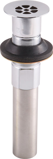 Chrome and matte black grid strainer with rubber gasket and threaded connector for bathroom sink drain.