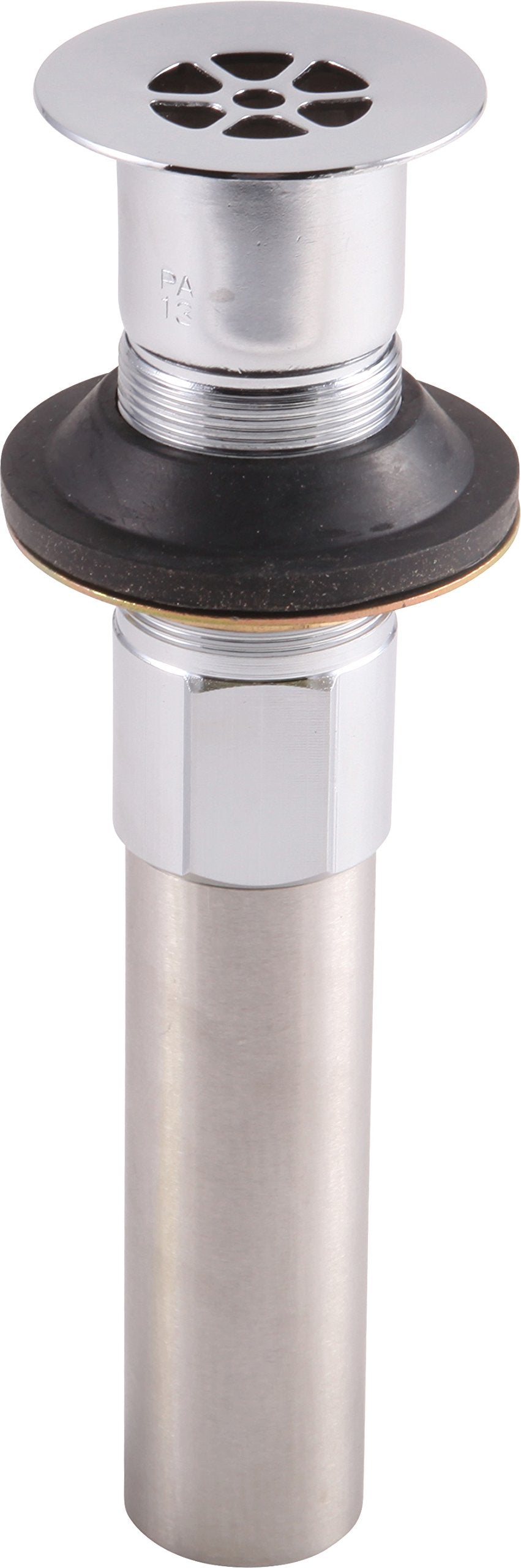 Chrome and matte black grid strainer with rubber gasket and threaded connector for bathroom sink drain.