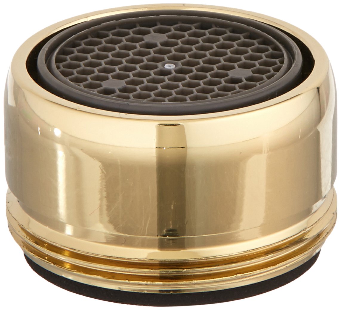 Polished brass faucet aerator with hexagonal mesh screen and black rubber base ring.