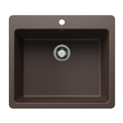 Cafe-colored single bowl kitchen sink with rounded corners and centered drain fixture.