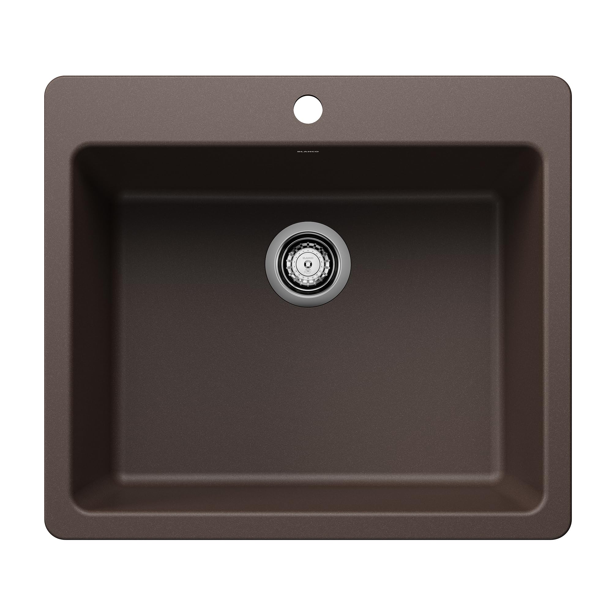 Cafe-colored single bowl kitchen sink with rounded corners and centered drain fixture.