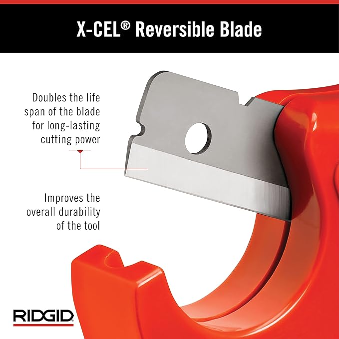 Red plastic pipe cutter with gray reversible X-CEL blade and mounting hole detail.
