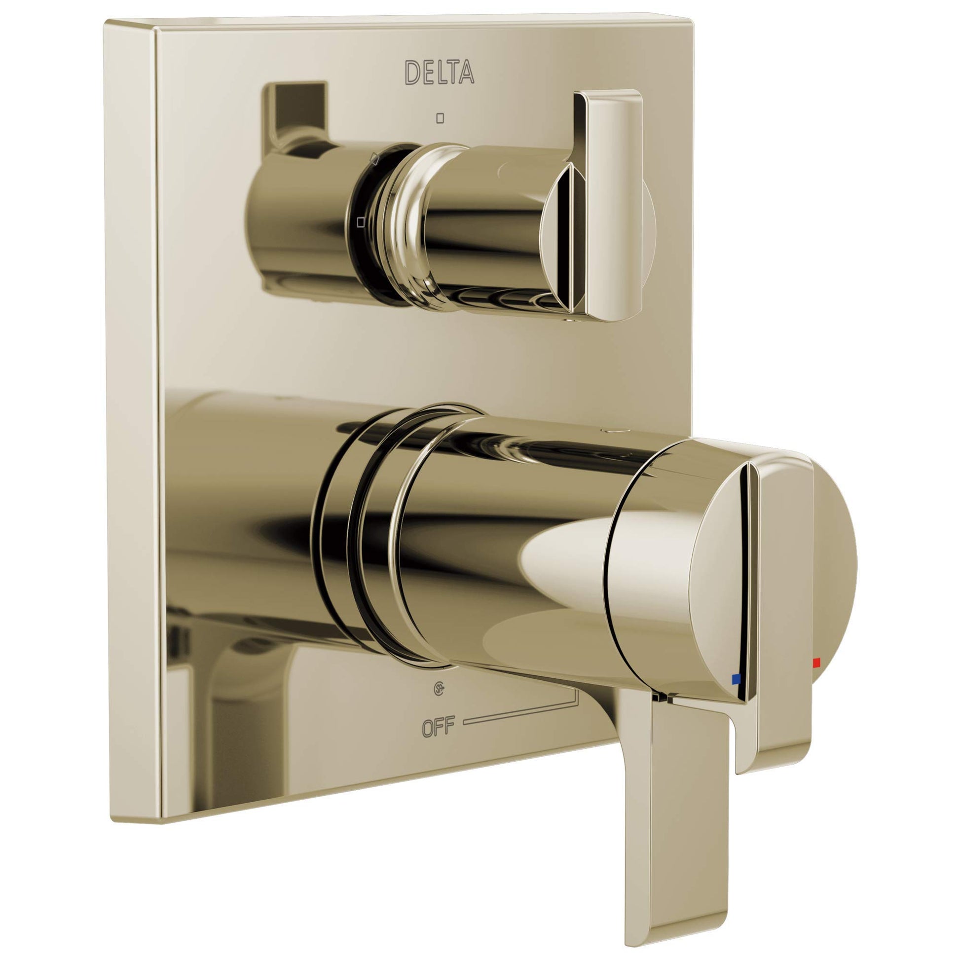 Delta Ara brushed nickel angular valve trim with upper diverter handle and lower temperature control lever mounted on square 