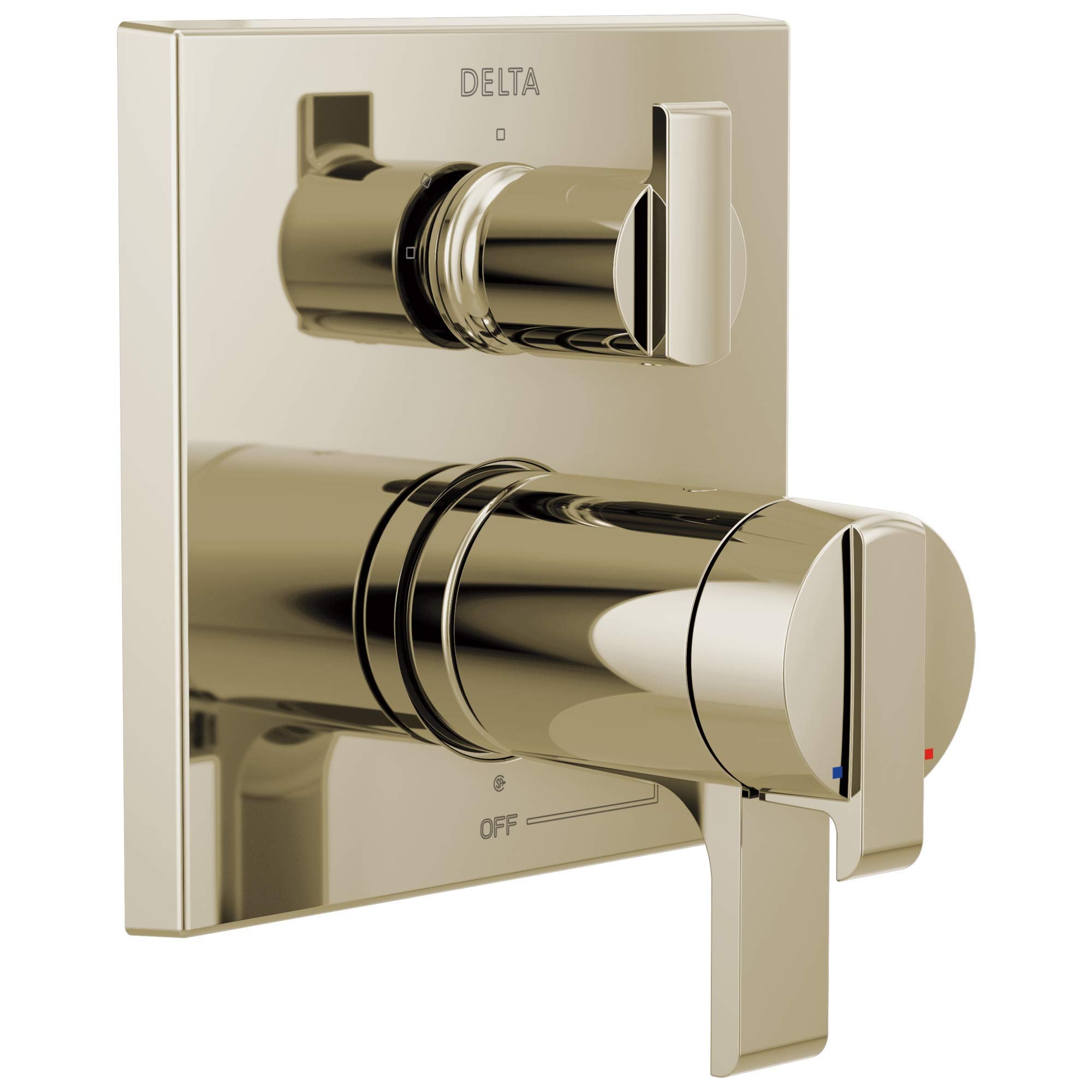 Delta Ara brushed nickel angular valve trim with upper diverter handle and lower temperature control lever mounted on square 