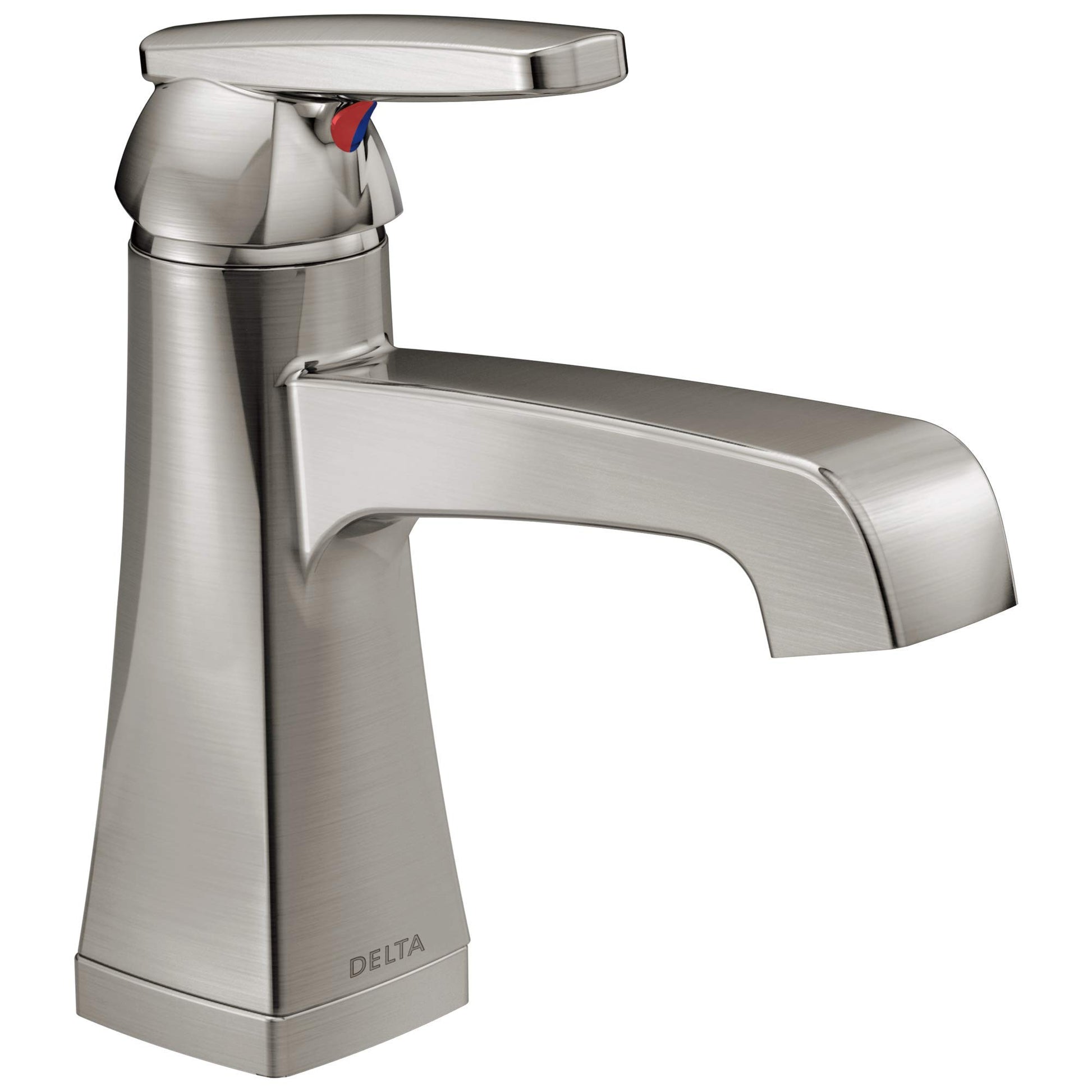Brushed nickel single-handle bathroom faucet with curved spout and red lever on tapered base.