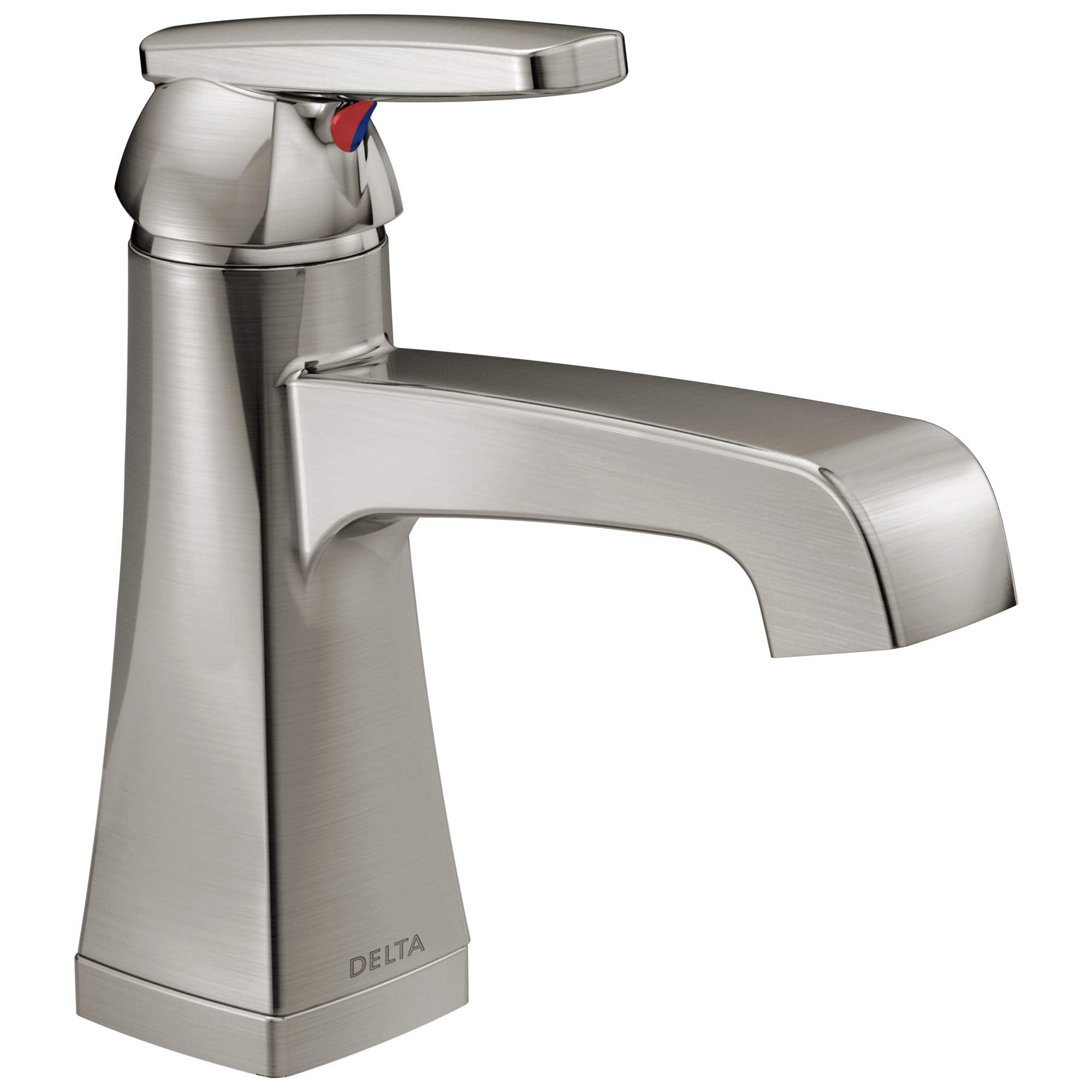 Brushed nickel single-handle bathroom faucet with curved spout and red lever on tapered base.
